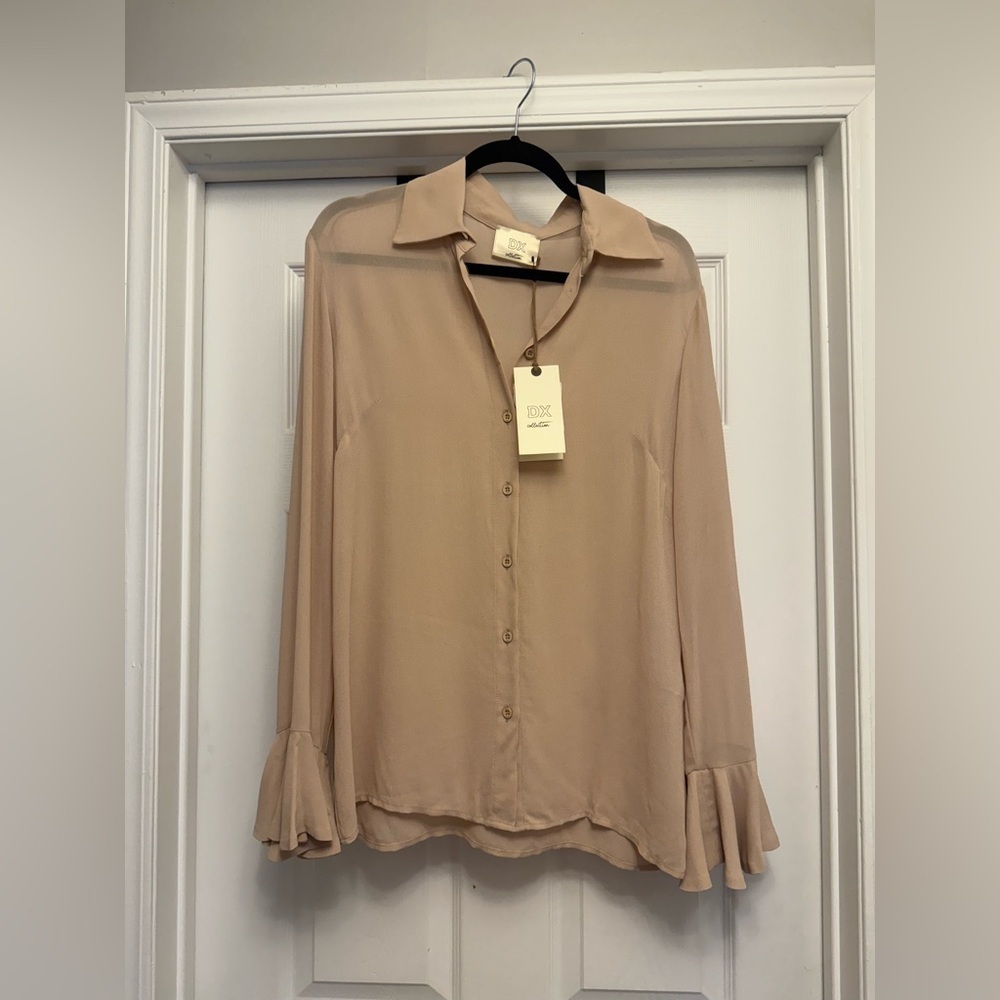 Dixie DX Collection Camel Beige Long Sleeve Button Down Ruffle Sleeve Size S